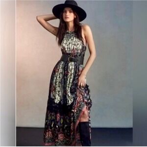 Bhanuni by Jyoti Anthropologie Mixed Print Smocked Maxi Dress Size 6 Boho Rayon